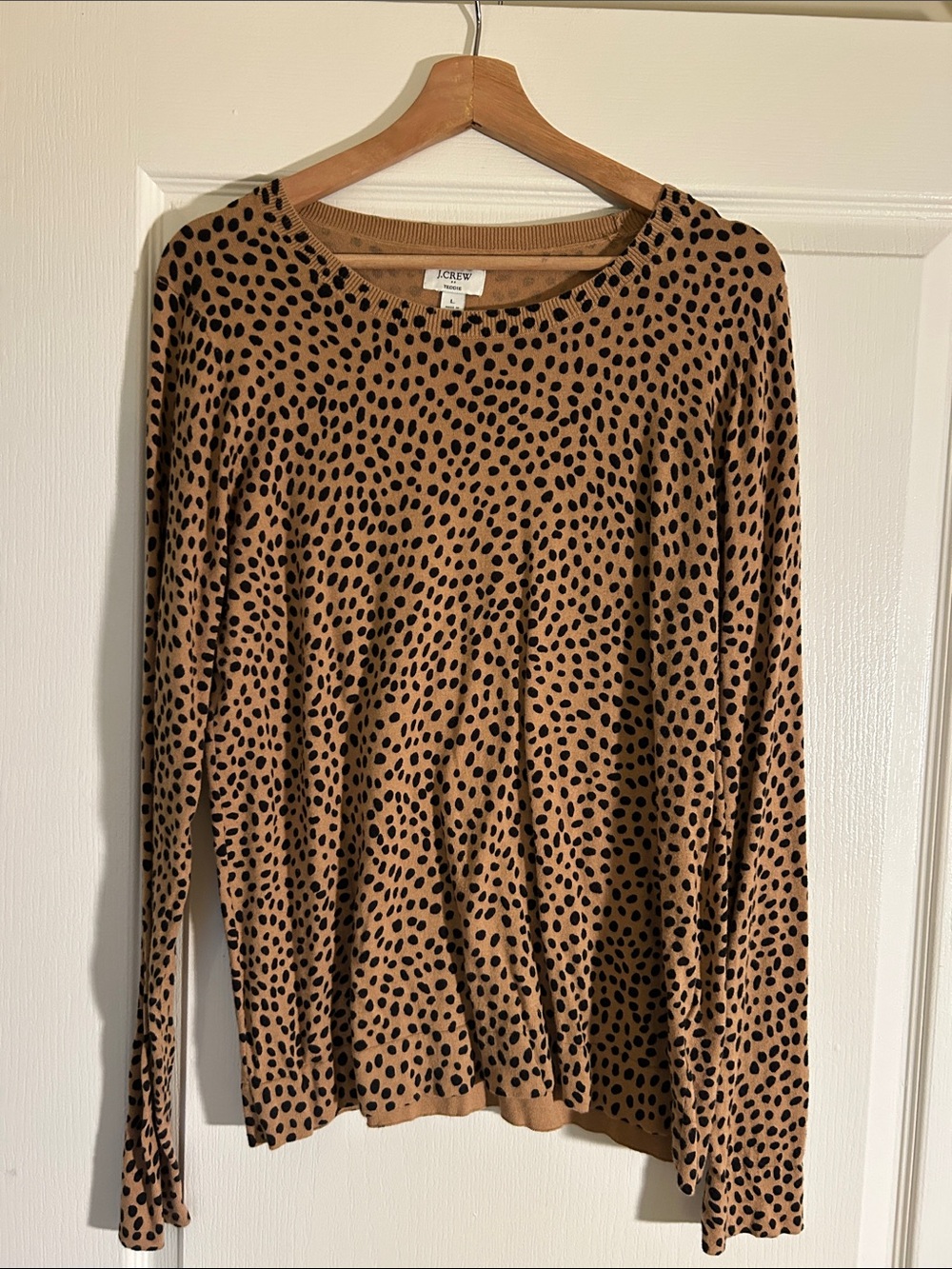 J. Crew Factory Tan Crewneck Sweater with Black Dot Print